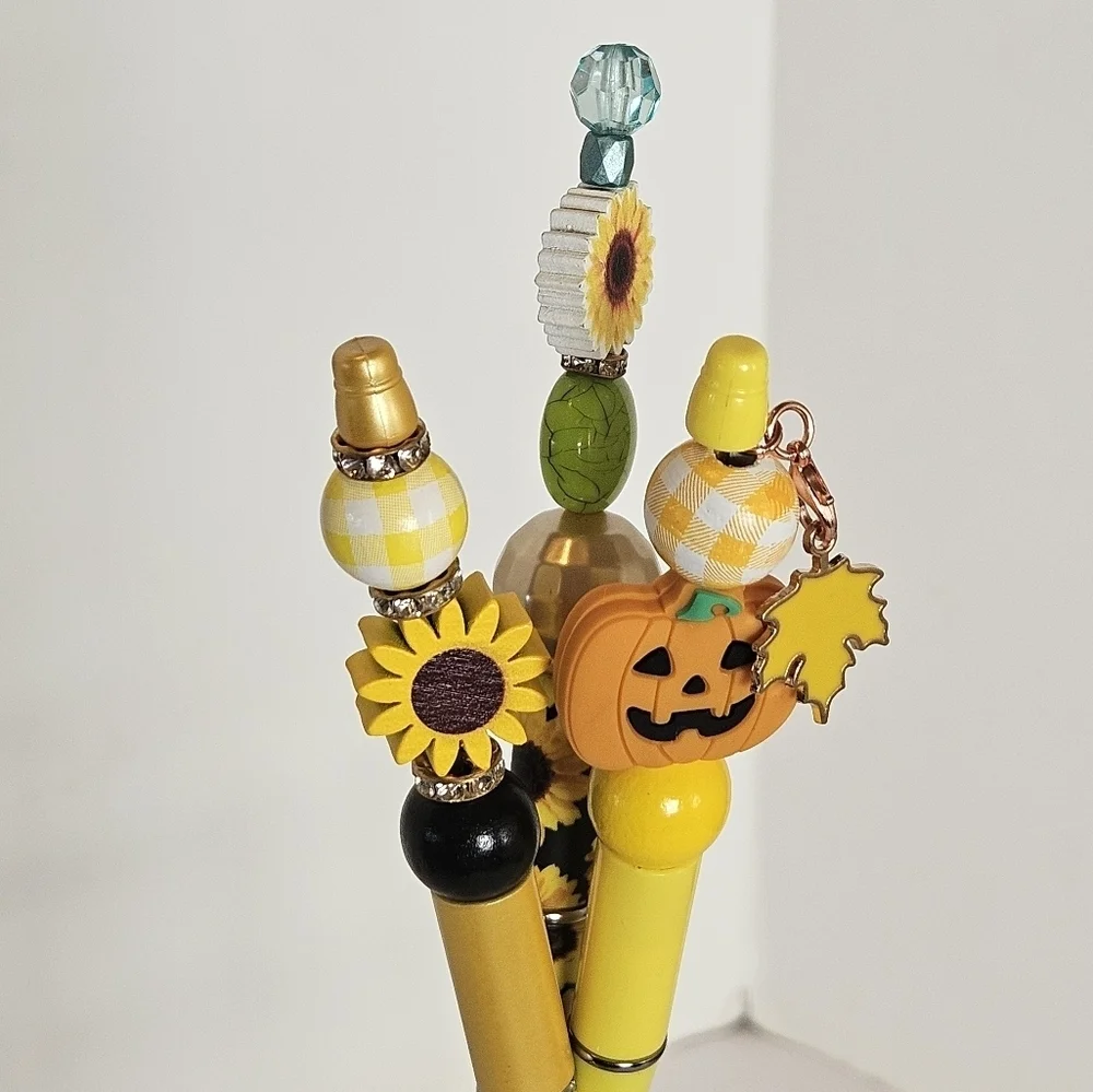 Hand Crafted Halloween Pens Fall & Floral Beaded Set of 3 Ballpoint Black Ink 6